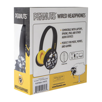 Audífonos alámbricos Snoopy Peanuts 75 aniversario Negro entrada jack 3.5mm ajustables