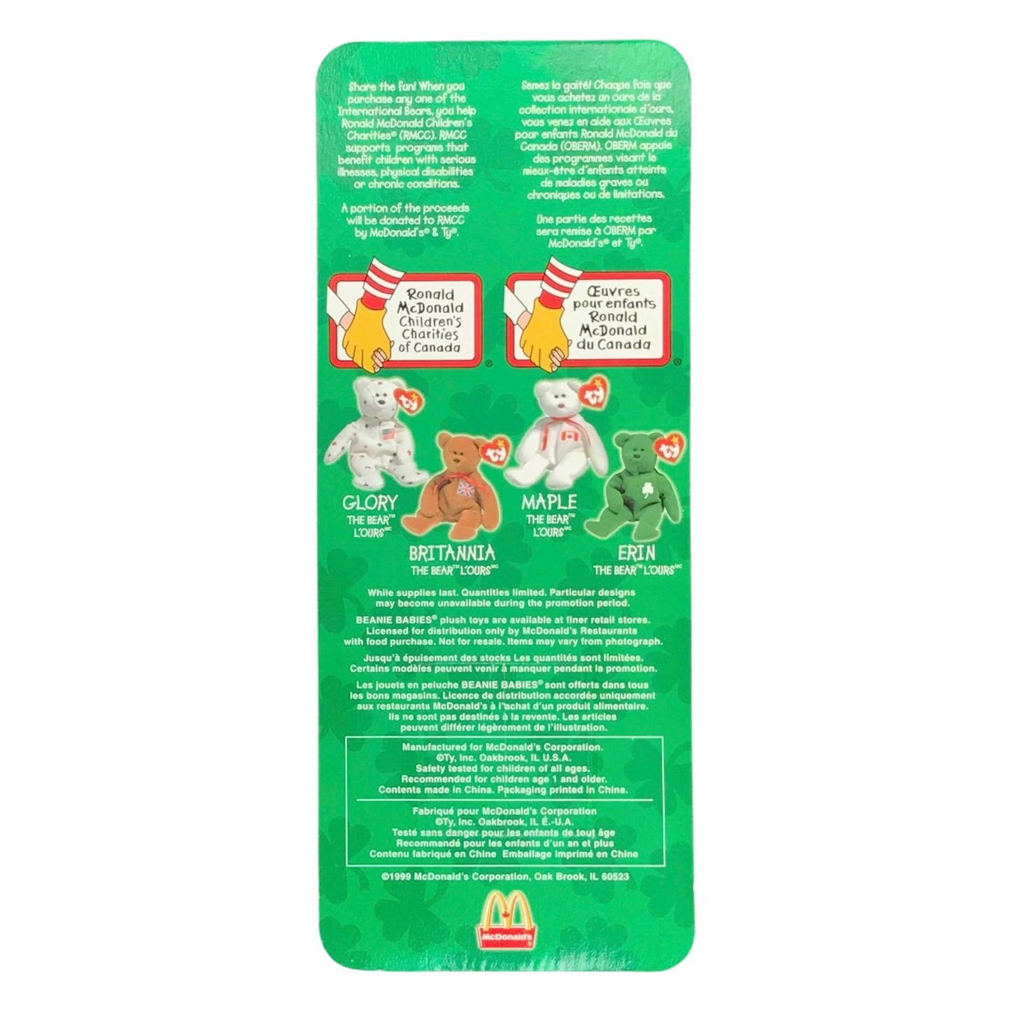 McDonald's Happy Meal Ty Beanie babies international bears año 1999 acetatos amarillento o con ligeros detalles por edad.