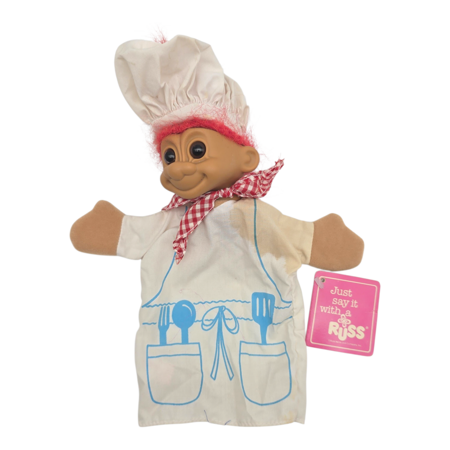 Troll Vintage Russ años 90s Hand Puppet Títere Chef (mancha en tela por edad)
