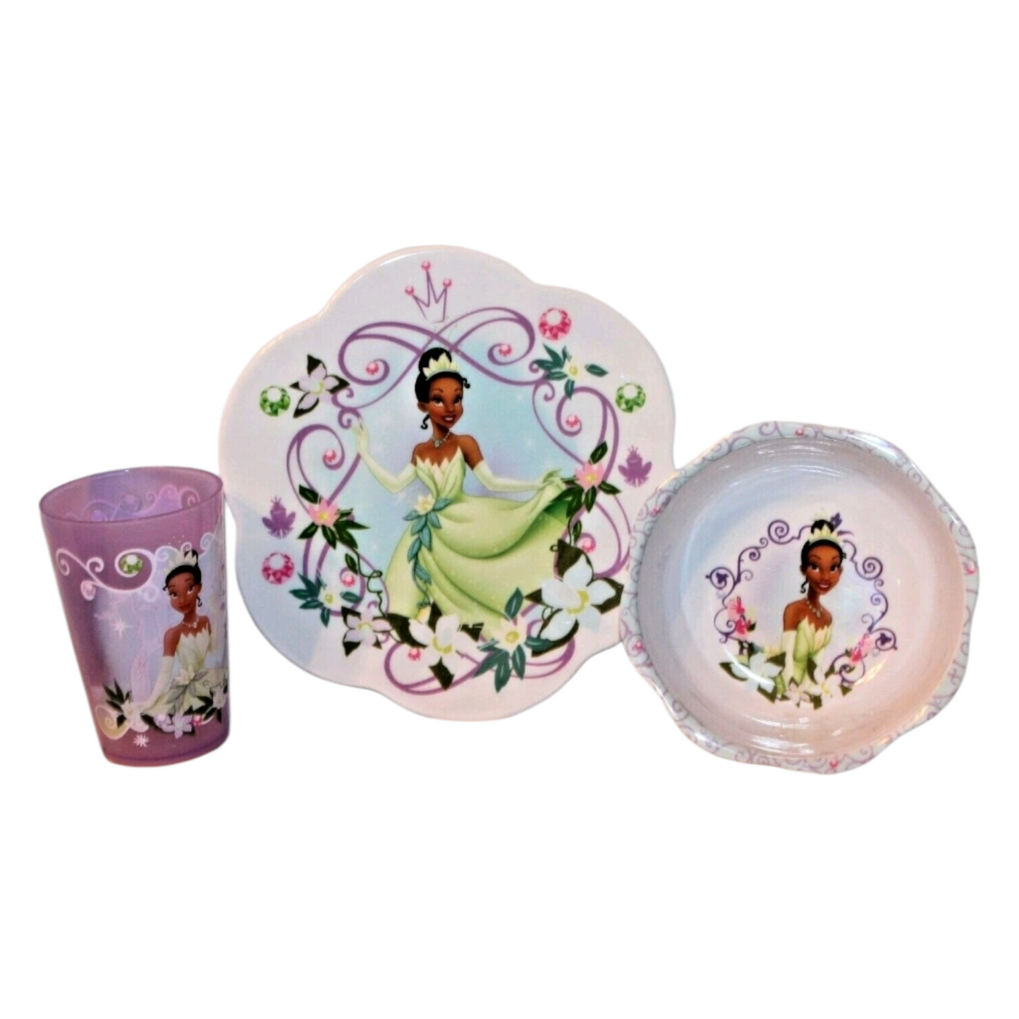 Set de platito vintage de melamina acrílicos pequeños Tiana Princesa y El Sapo. Cajas con detalles estéticos por la edad