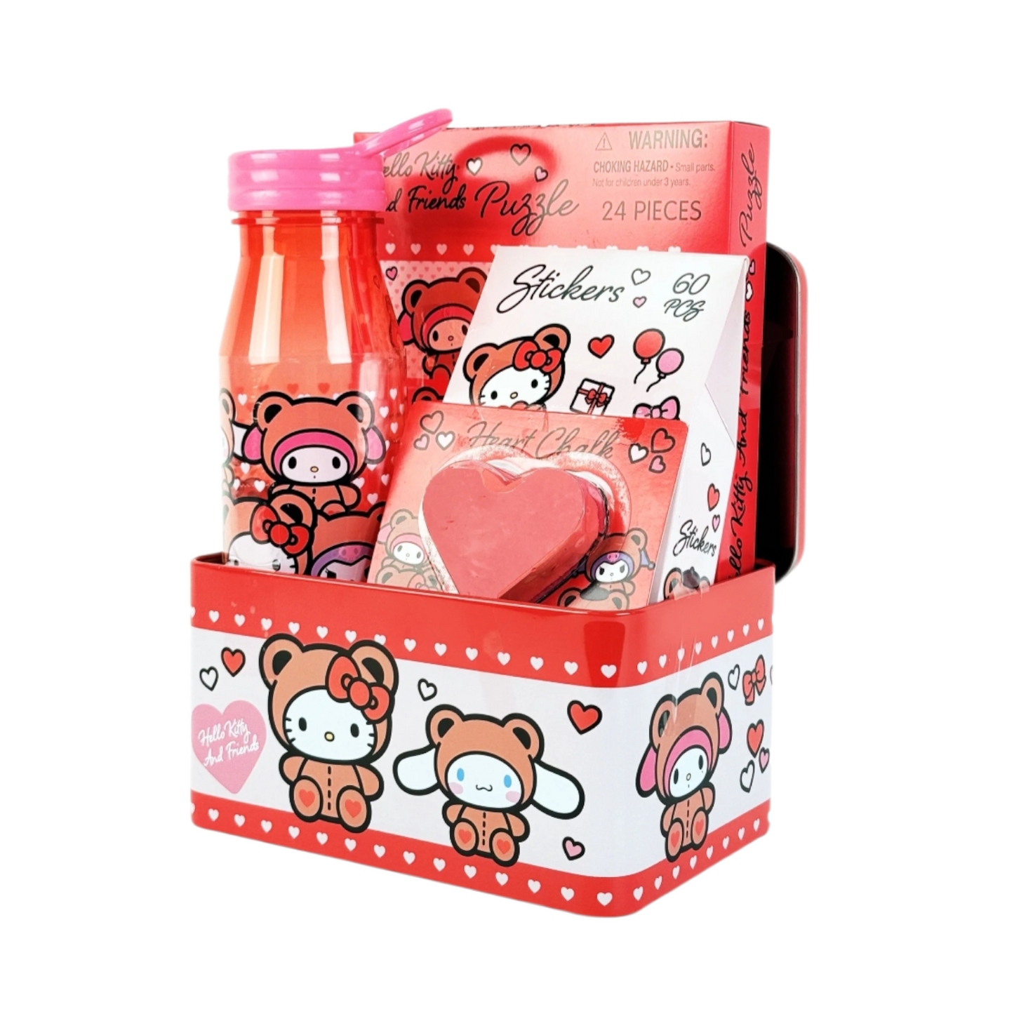 Hello Kitty Giftset con stickers, gis, rompecabezas, botella y caja de latón