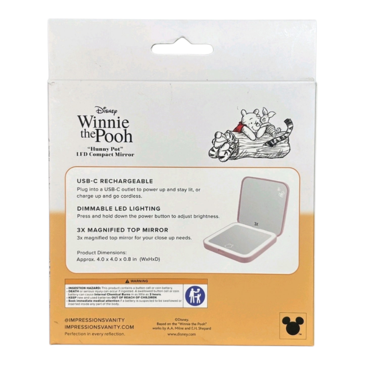 Impressions Vanity Winnie Pooh Espejo portátil. Con luz led touch y aumento. Recargable