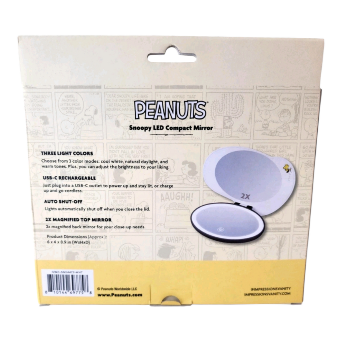 Impressions Vanity Snoopy Peanuts Espejo portátil. Con luz led touch y aumento. Recargable
