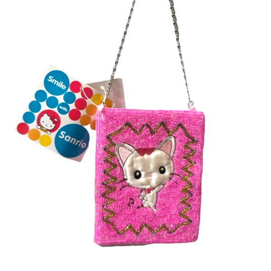 🍀ULTRA RARO🍀 Sanrio 100 Cats Kitty Merry Francesca  Bolsita satinada de chaquiras bordadas vintage Año 2000 marca Pyramid. Original con Licencia. Medidas aprox 10x12