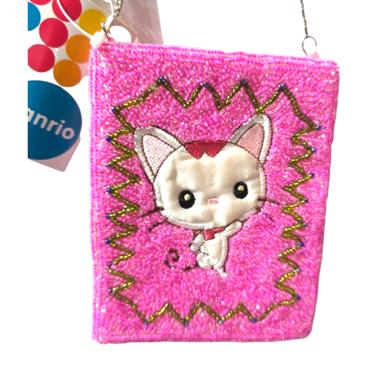 🍀ULTRA RARO🍀 Sanrio 100 Cats Kitty Merry Francesca  Bolsita satinada de chaquiras bordadas vintage Año 2000 marca Pyramid. Original con Licencia. Medidas aprox 10x12