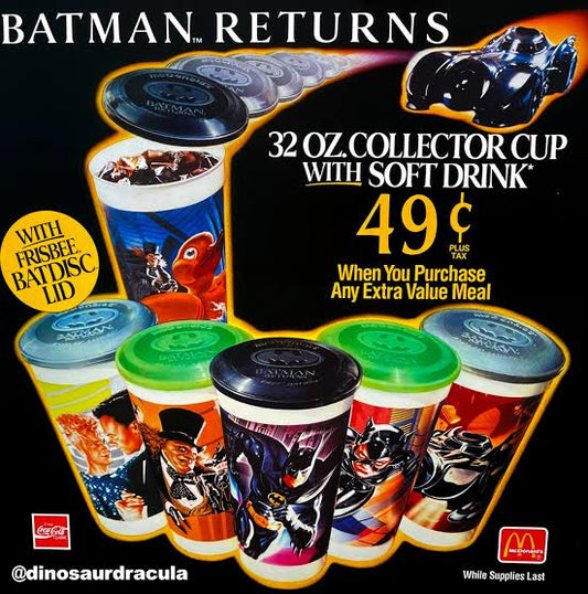 Batman Returns vasos nuevos con tapa frisbee McDonald's Happy Meal año 1992 (color tapa aleatorio)